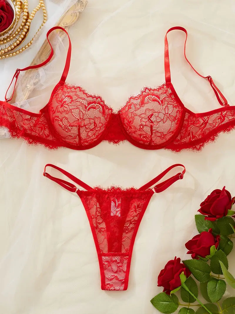 Ženski Seksi Čipkani Komplet – 2 Dela, Crveni